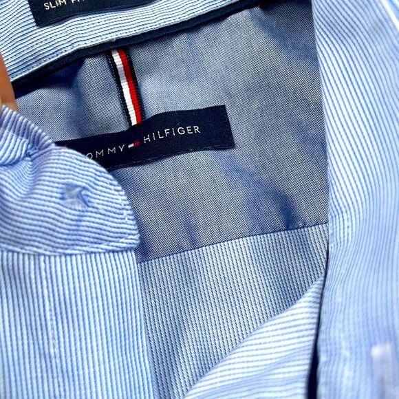 Tommy Hilfiger Mens Dress Shirt Slim Fit Non Iron 15.5 32/33 Blue - Picture 10 of 12